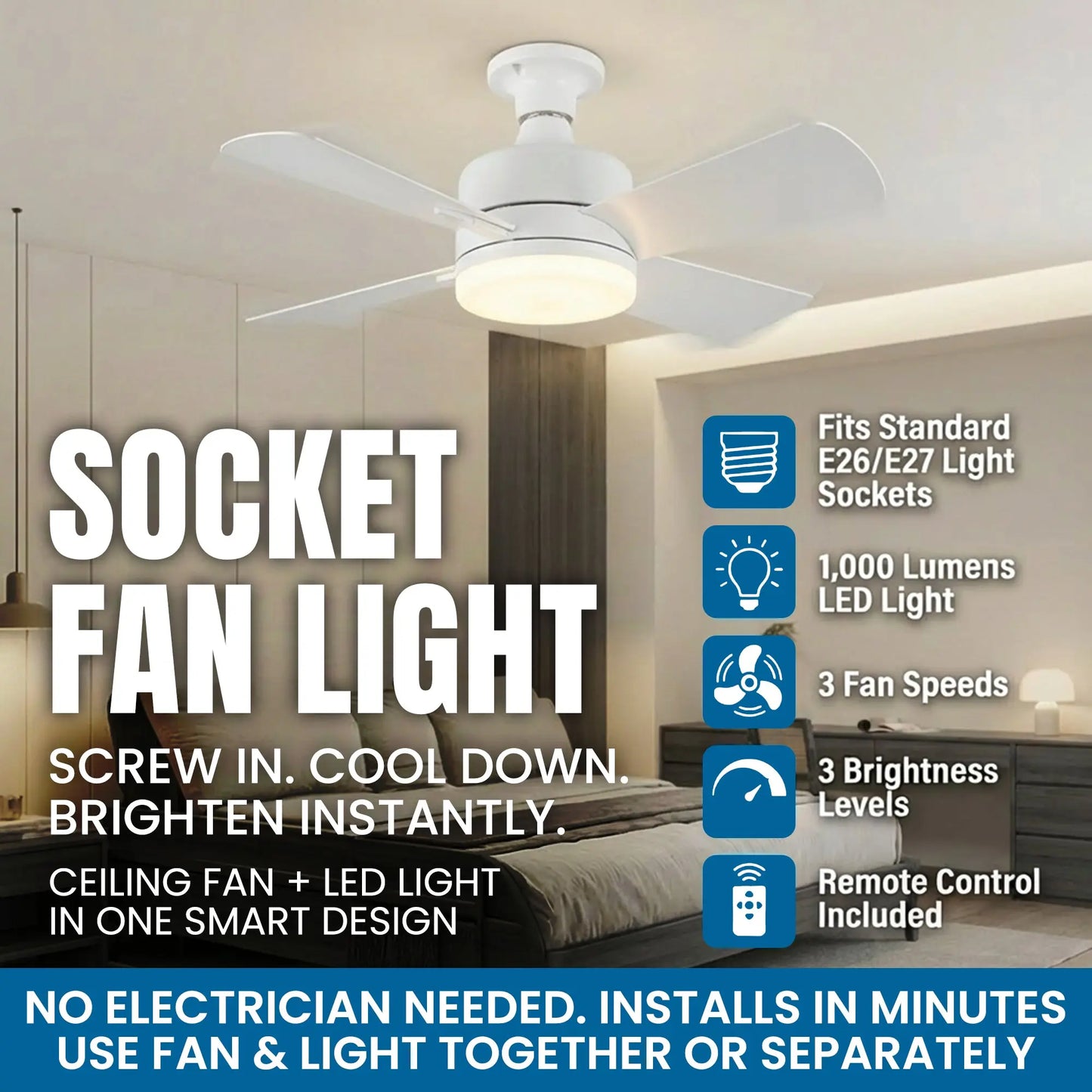Remote Controlled Socket Ceiling Fan & Light - Bell + Howell