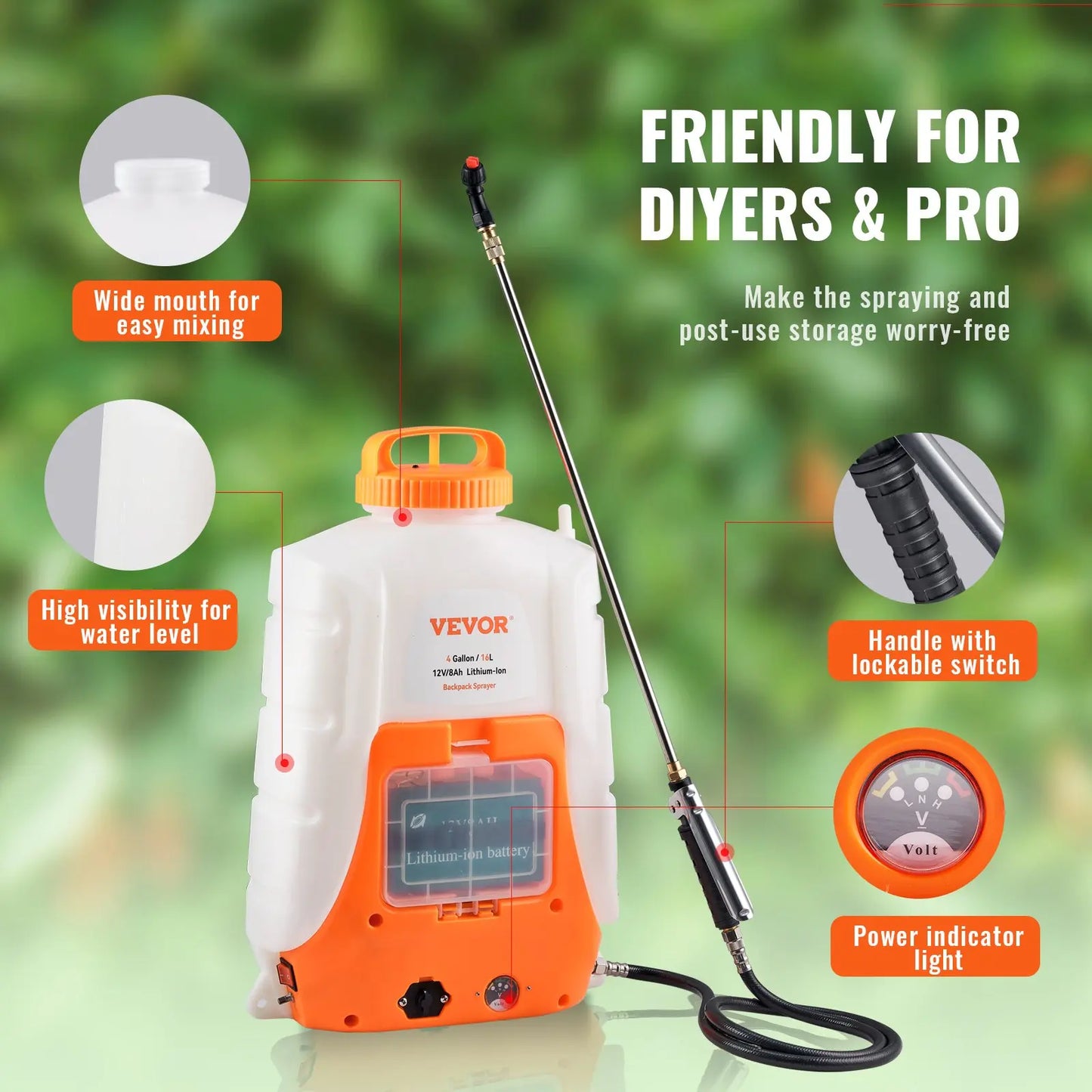 VEVOR Battery Powered Backpack Sprayer - 4 Gallon, 90 PSI