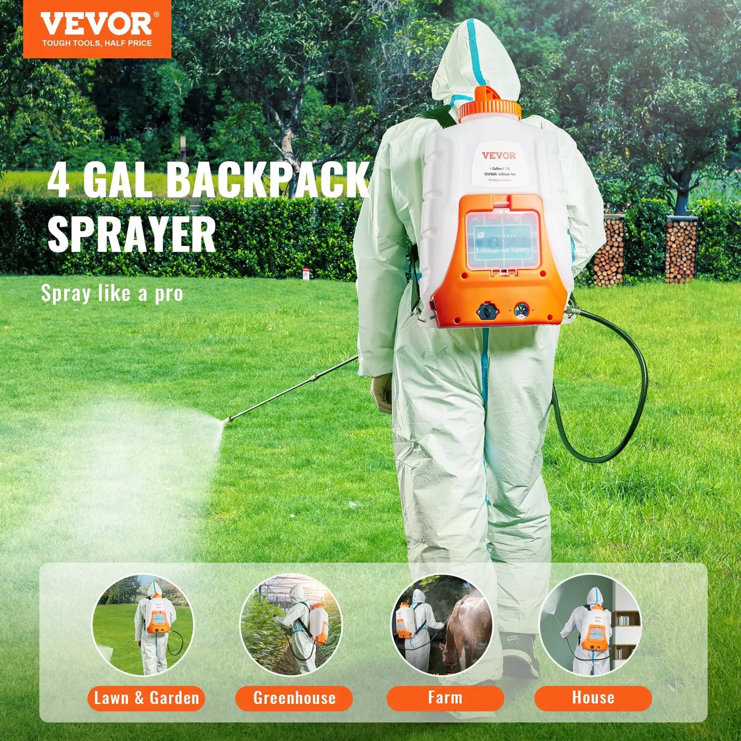 VEVOR Battery Powered Backpack Sprayer - 4 Gallon, 90 PSI