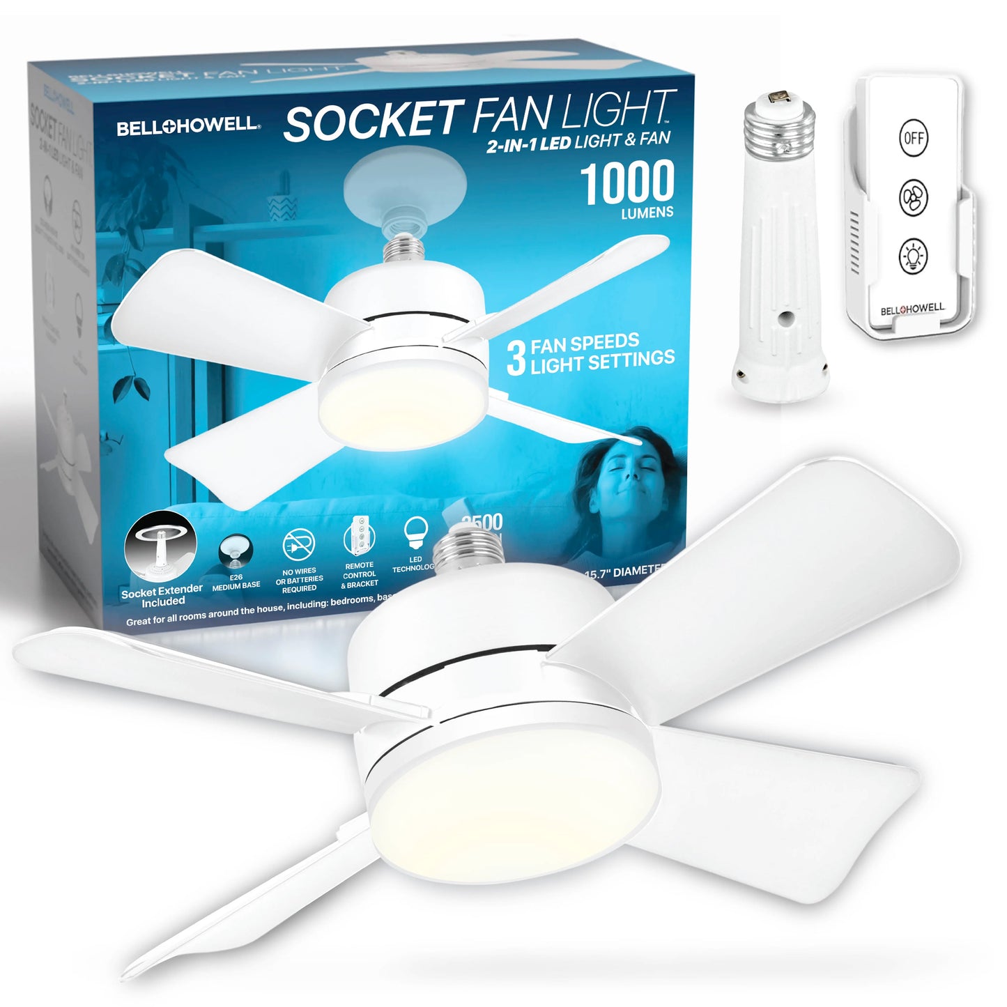 Remote Controlled Socket Ceiling Fan & Light - Bell + Howell