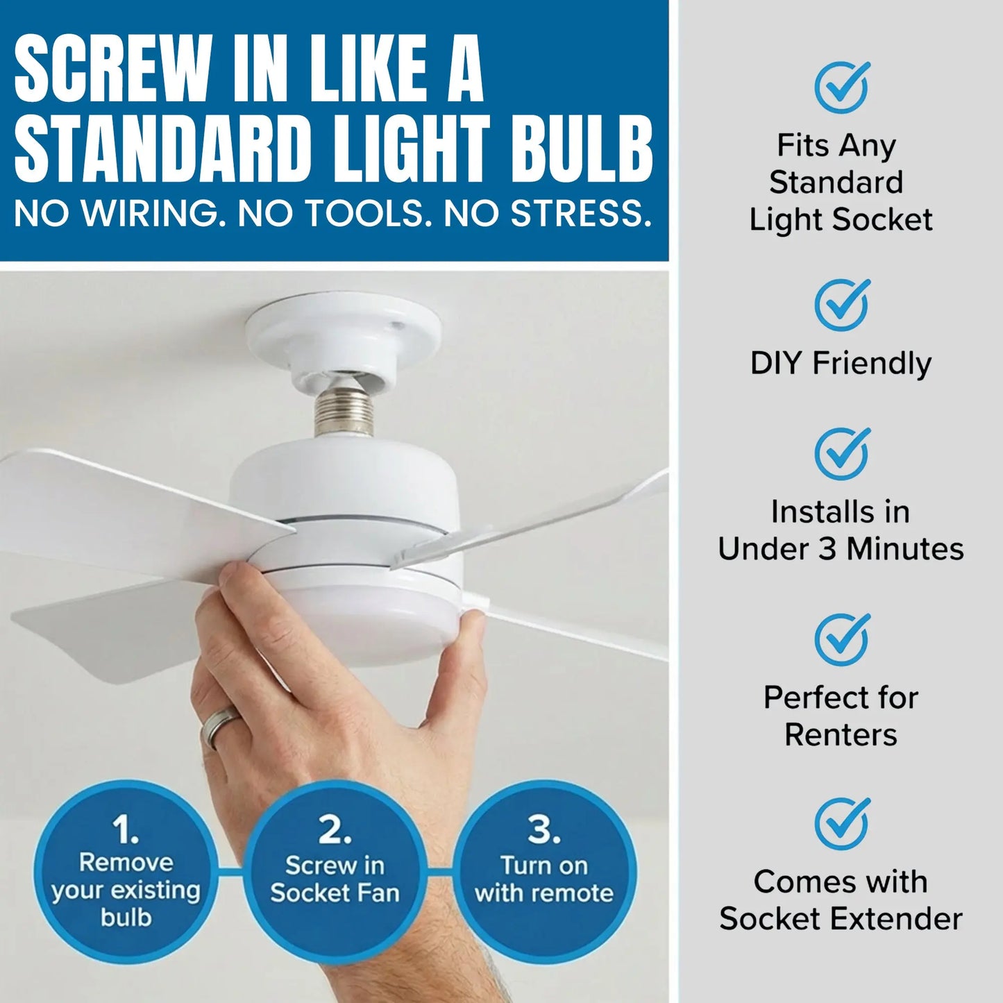 Remote Controlled Socket Ceiling Fan & Light - Bell + Howell